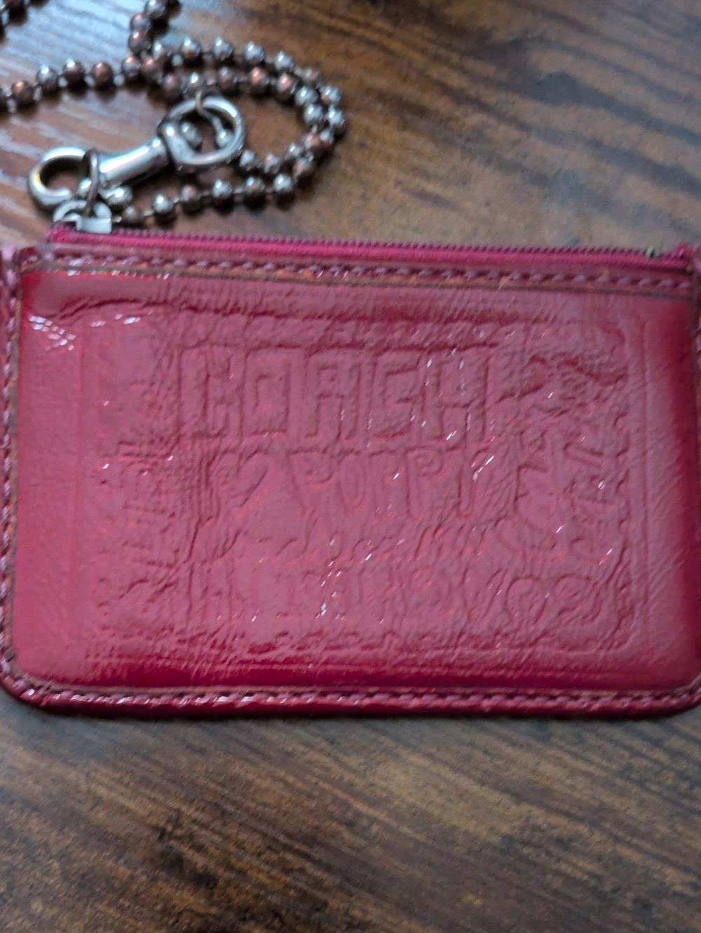 Coach Poppy Red Patent Leather Zip Card Case with Chain
